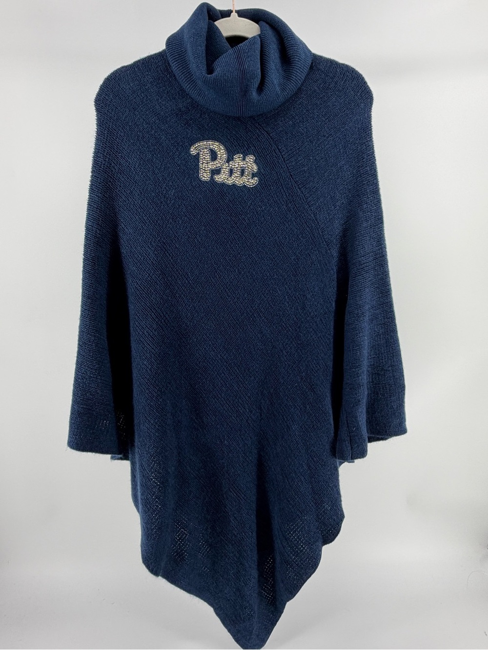 NWT University of Pittsburgh PITT Embellished Crystal Knit Poncho, Navy Blue, OS